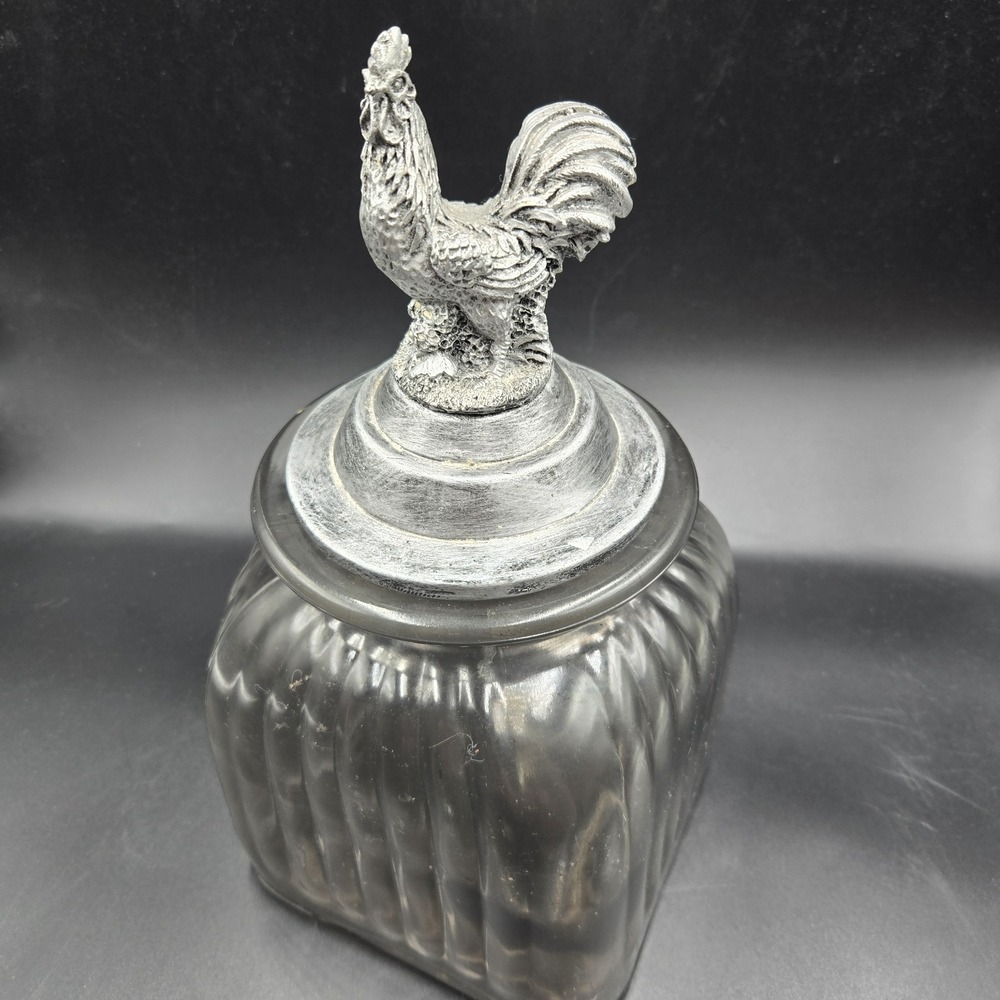 VTG 12" Ribbed Clear Glass Canister with Pewter Rooster Lid Large CottageCore